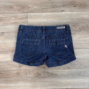 Y2K Express Dark Wash‎ Denim Jean Shorts Size 6 VTG Logo 30x4 Low Rise McBling